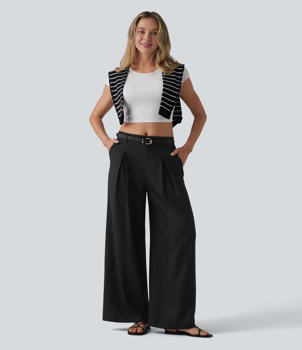Pantalon ample décontracté en lyocell et lin mélangé, taille mi-haute, plissé, avec poches