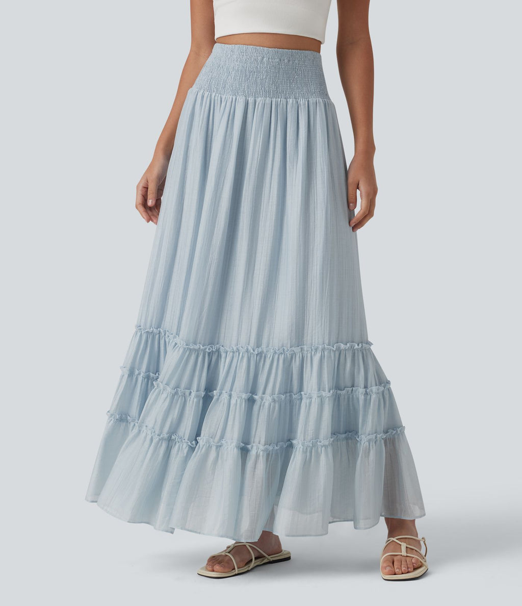 Jupe longue fluide à volants taille haute – Style resort