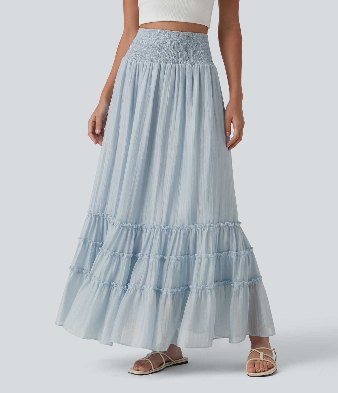 Jupe longue fluide à volants taille haute – Style resort