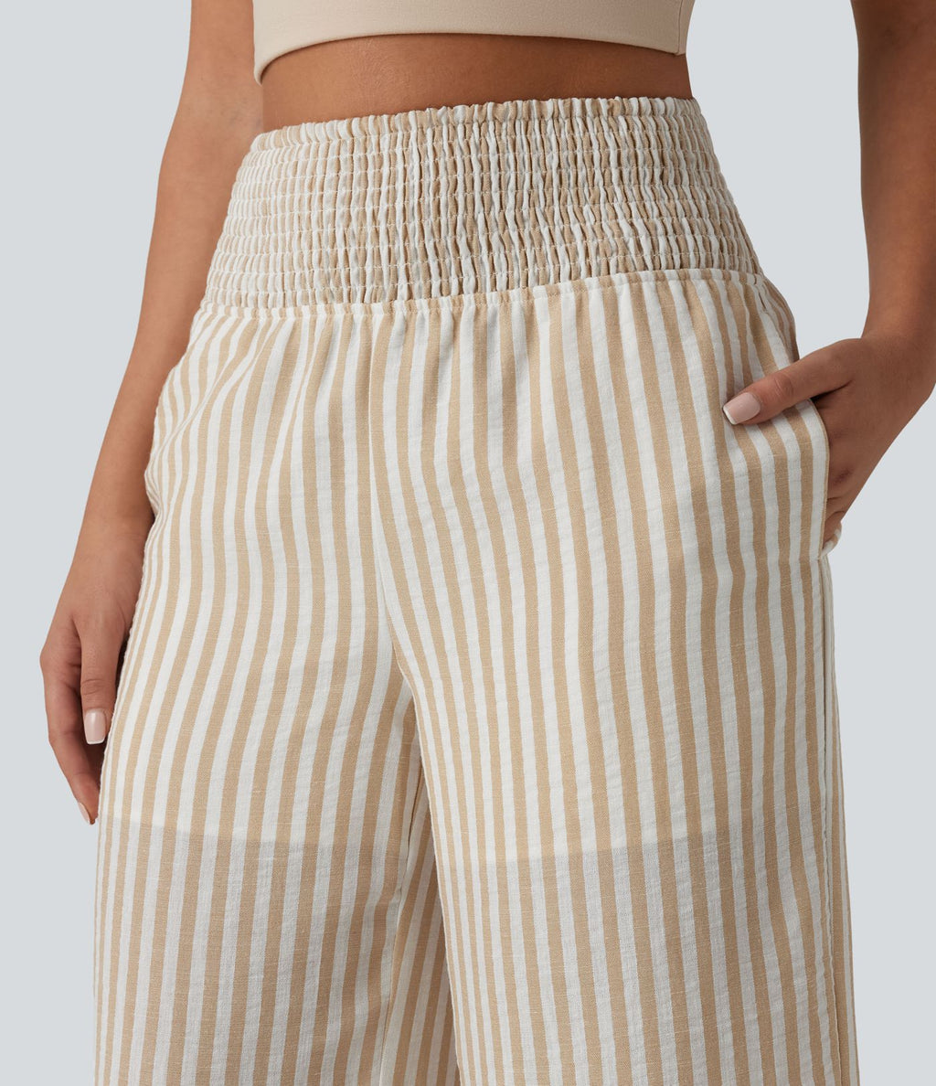 Pantalon coupe droite décontracté 2 en 1 taille haute froncé à rayures aspect lin avec poches