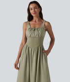 Robe midi décontractée à corset lacé et col carré avec poches