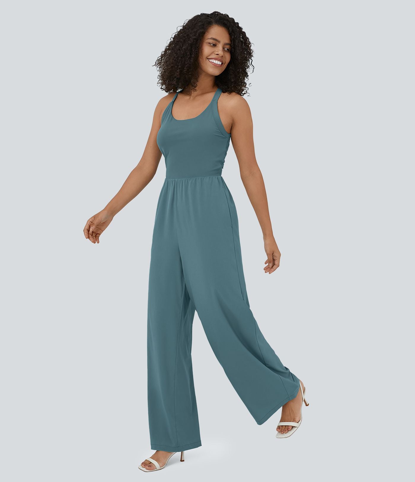 Breezeful™ Combinaison Yoga Fluide Sans Manches Dos Nu Découpée et Torsadée avec Poches Latérales Séchage Rapide