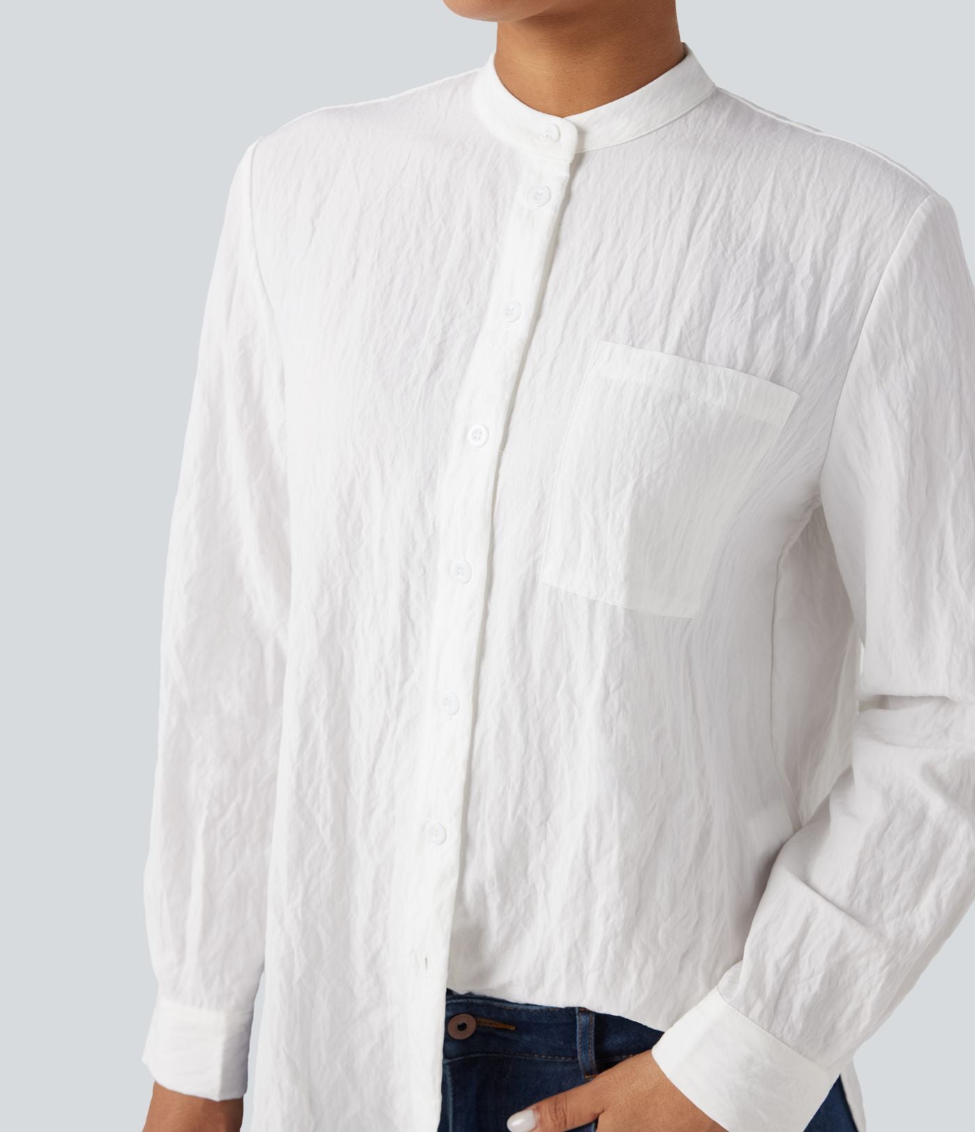 Chemise décontractée manches longues ourlet arrondi avec poche