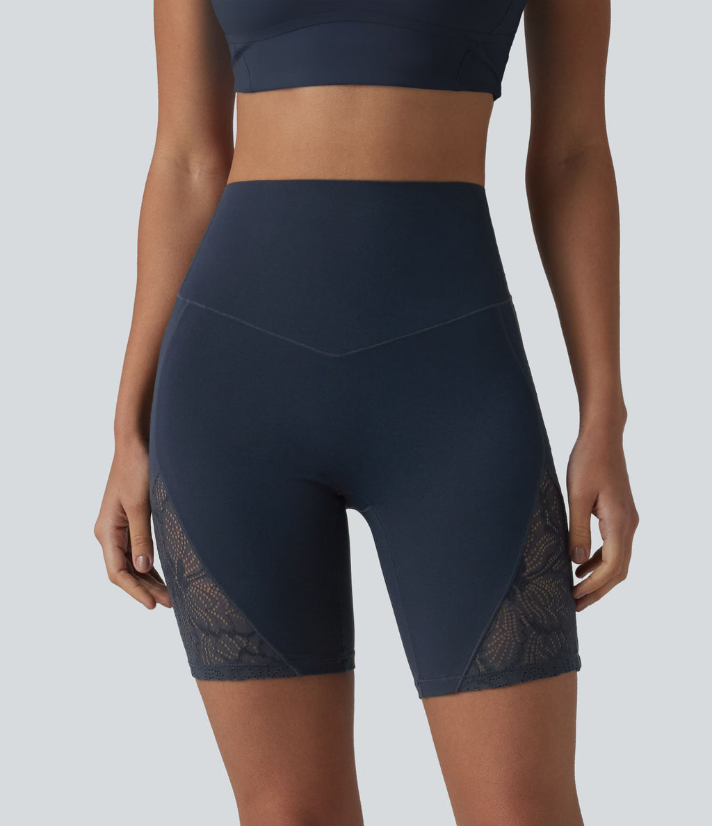Short cycliste de yoga Halara UltraSculpt™ taille haute ventre plat en dentelle contrastée, 17,5 cm, avec poche