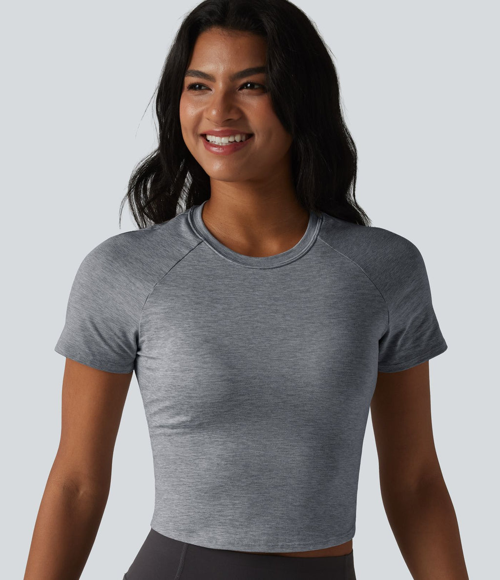 Haut de sport yoga col rond manches courtes avec soutien-gorge intégré