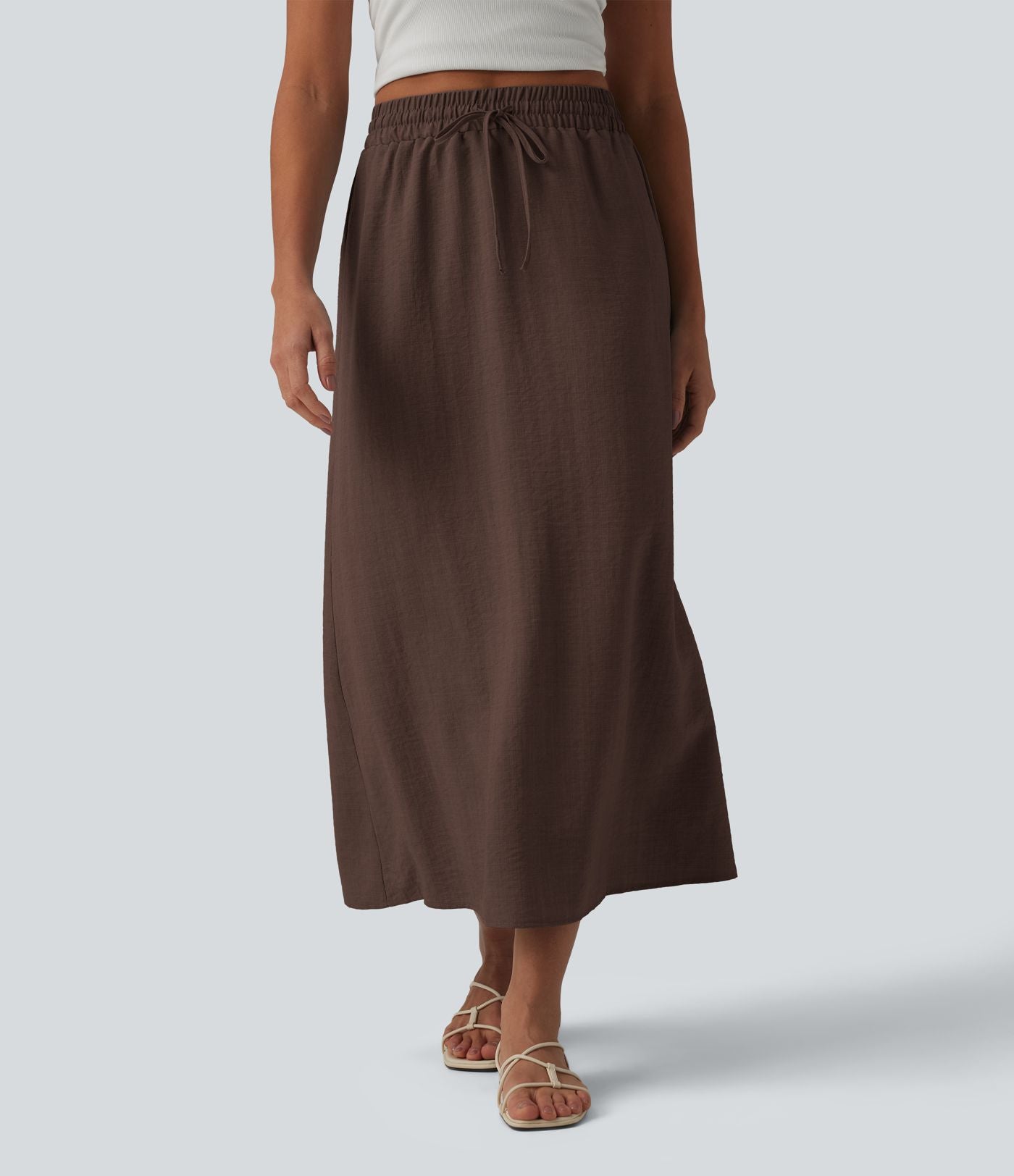 Jupe longue casual aspect lin taille haute avec cordon de serrage