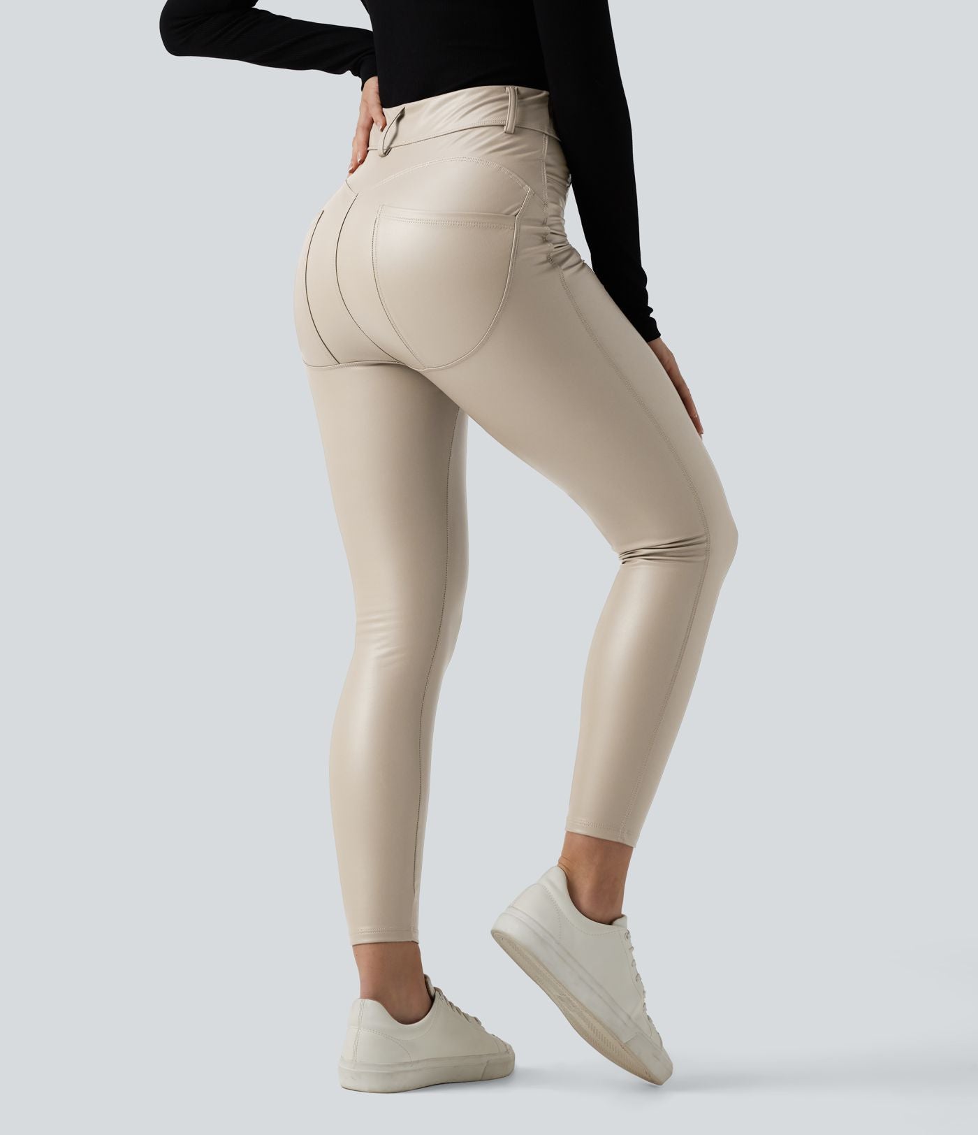 Pantalon polaire simili cuir extensible taille haute avec poches