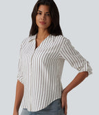 Chemise casual à rayures aspect lin col V manches longues retroussables et ourlet arrondi
