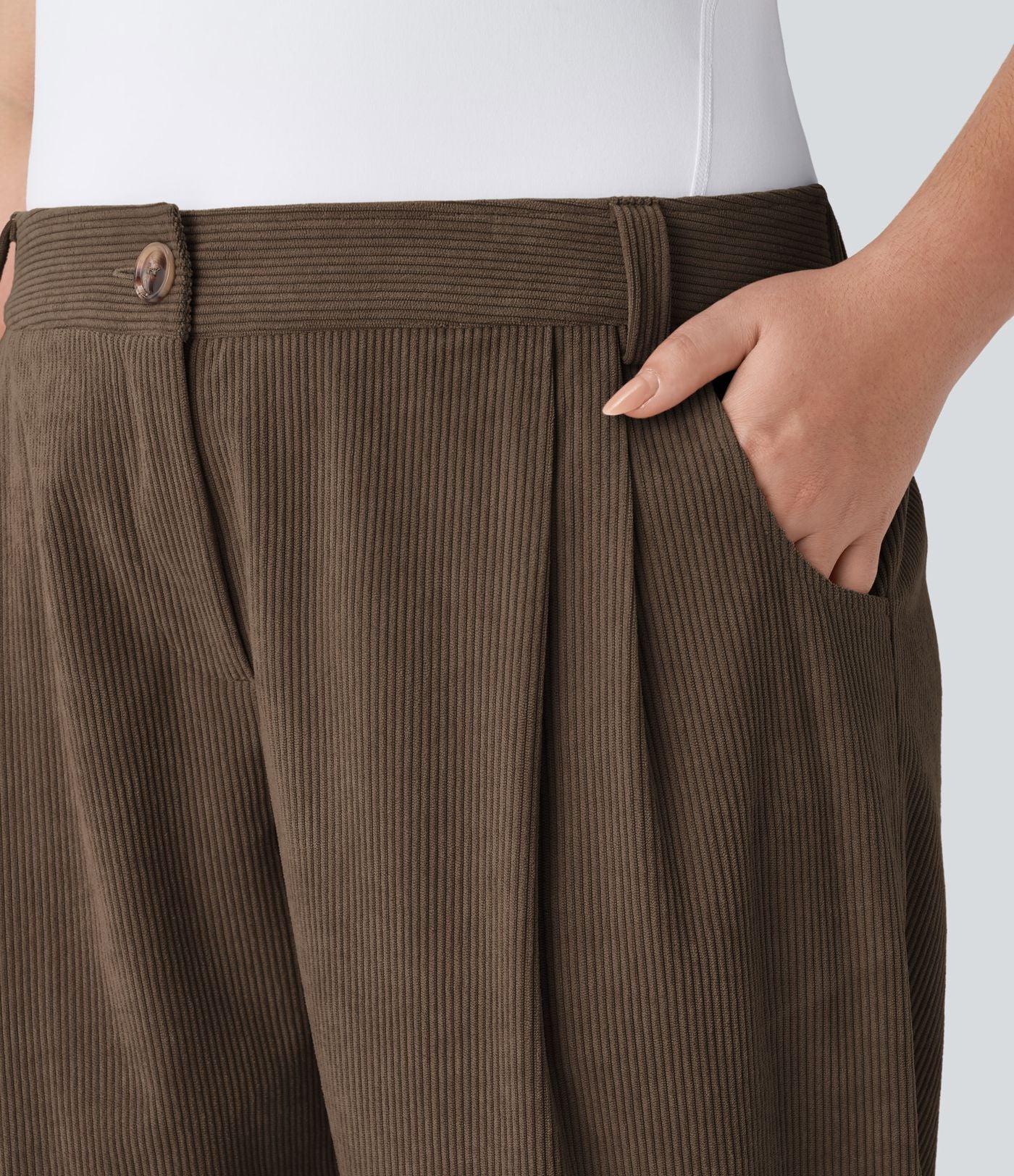 Pantalon Casual Grande Taille Velours Côtelé Taille Mi-haute Boutonnés Fermeture Éclair Poches Latérales