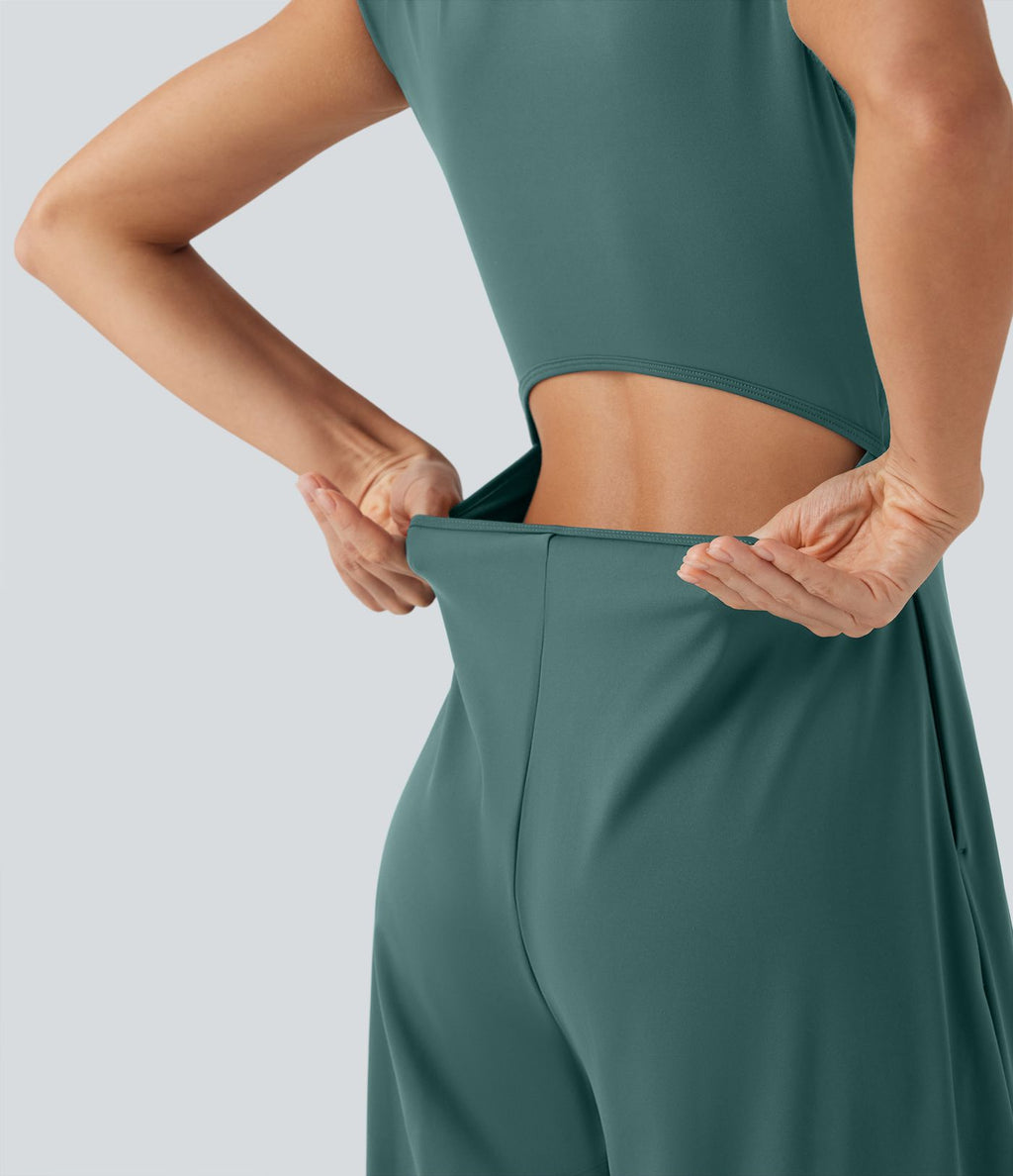 Combinaison de yoga Softlyzero™ Airy Cool Touch à col cranté, manches courtes, jambes larges et poches latérales - Édition Easy Peasy