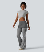 Pantalon évasé casual taille mi-haute à rayures avec ceinture repliable