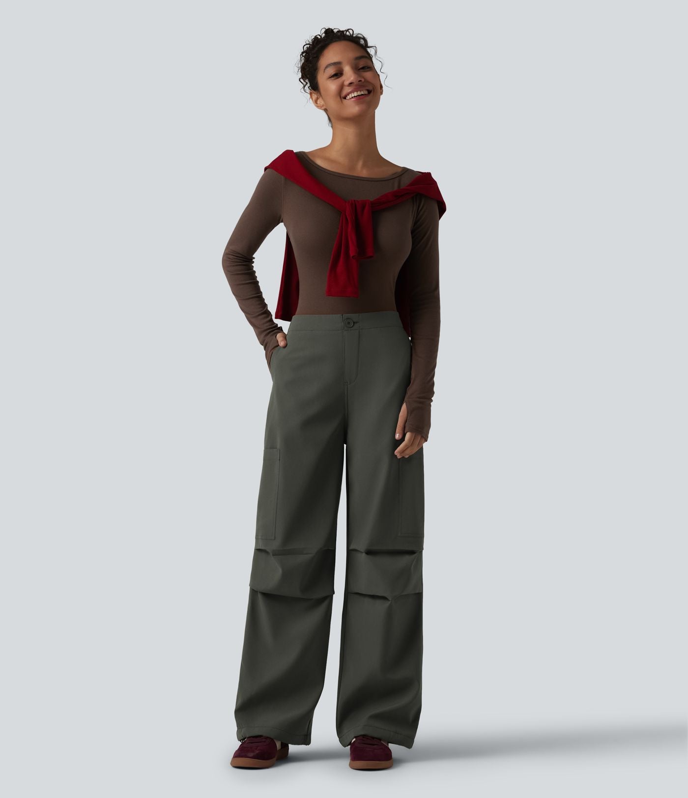 Pantalon parachute large fluide décontracté en polaire taille haute avec poches