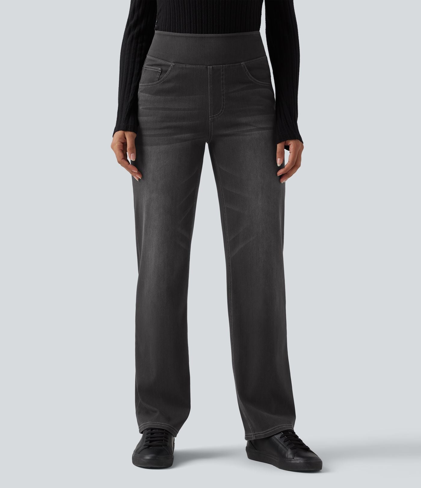 Jean décontracté Halara Flex™ taille haute, extensible, délavé, jambes droites avec poches multiples