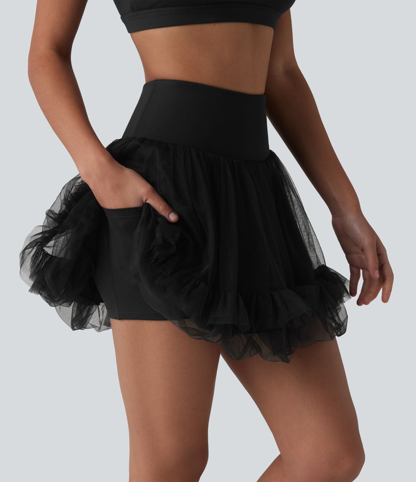 Jupe mini de sport 2 en 1 taille haute ventre plat en maille contrastée avec poches