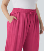 Pantalon décontracté grande taille large fluide taille haute effet lin avec cordon de serrage et poches