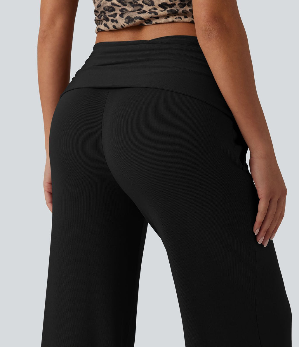 Pantalon ample décontracté en maille côtelée taille très haute rabattable avec poches