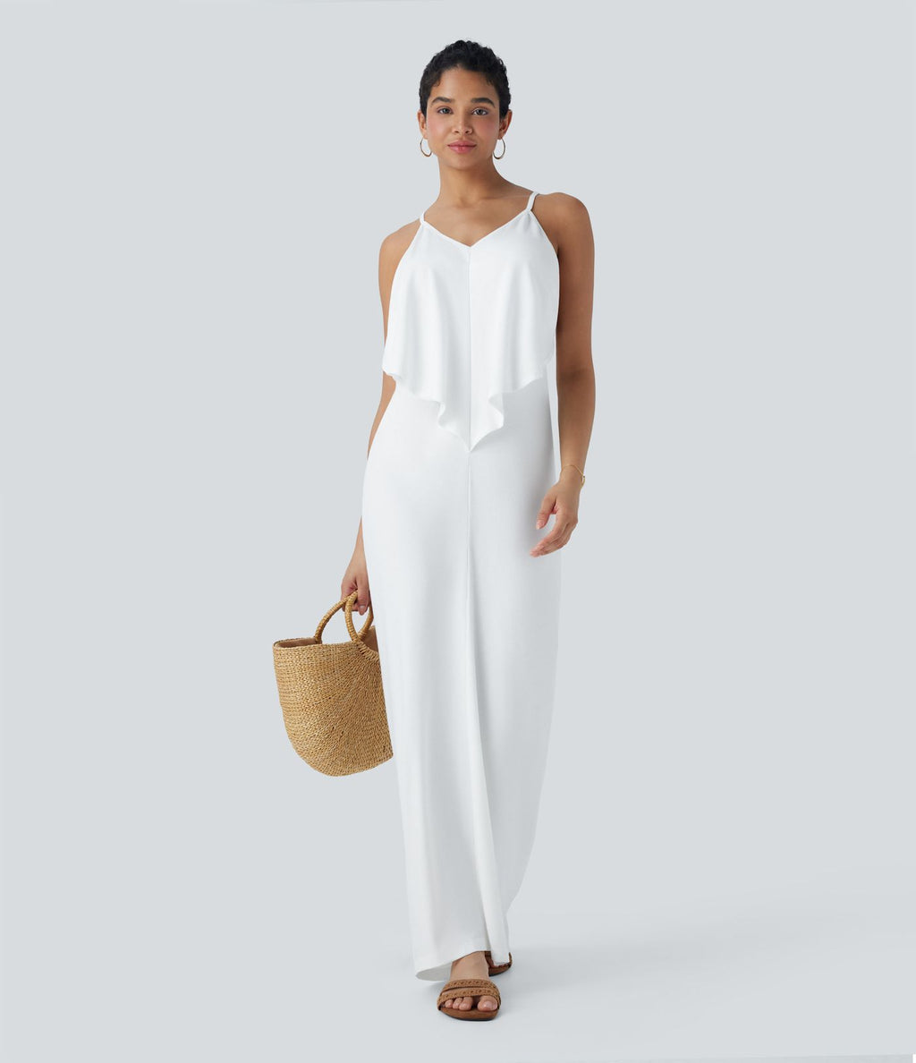 Robe Longue de Vacances avec Col V Dos Nu à Nouer et Fronces