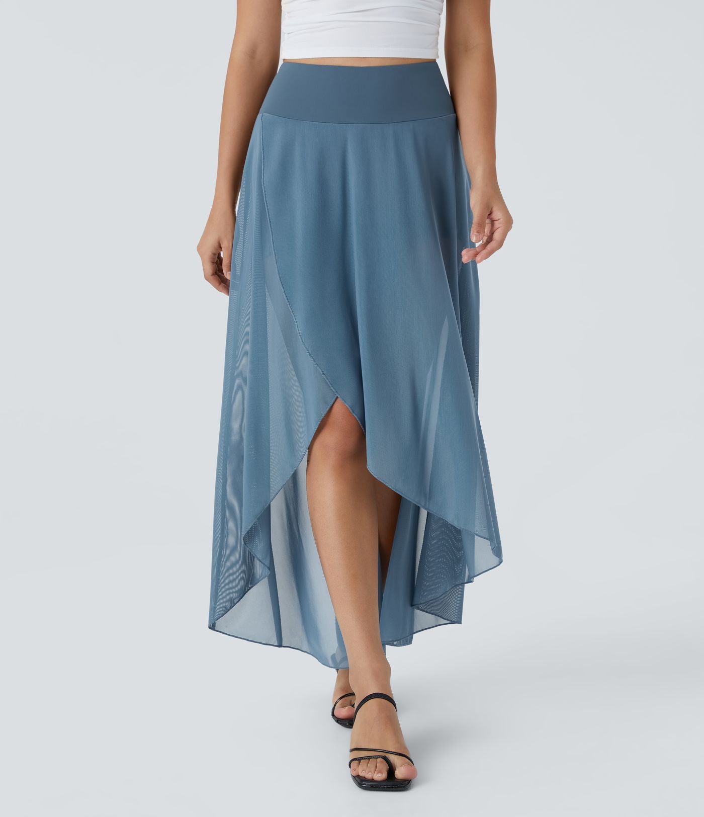 Jupe Longue Fluide Taille Haute à Volants 2 en 1 Poche Latérale Évasée en Mesh Casual Quotidien