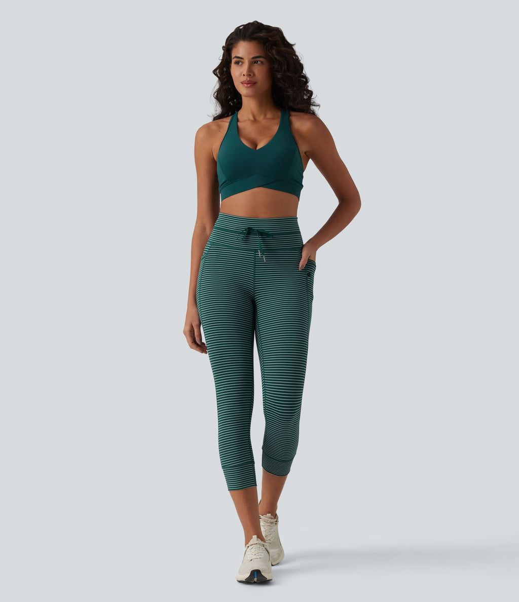Legging corsaire de yoga taille haute à rayures avec cordon de serrage et poches