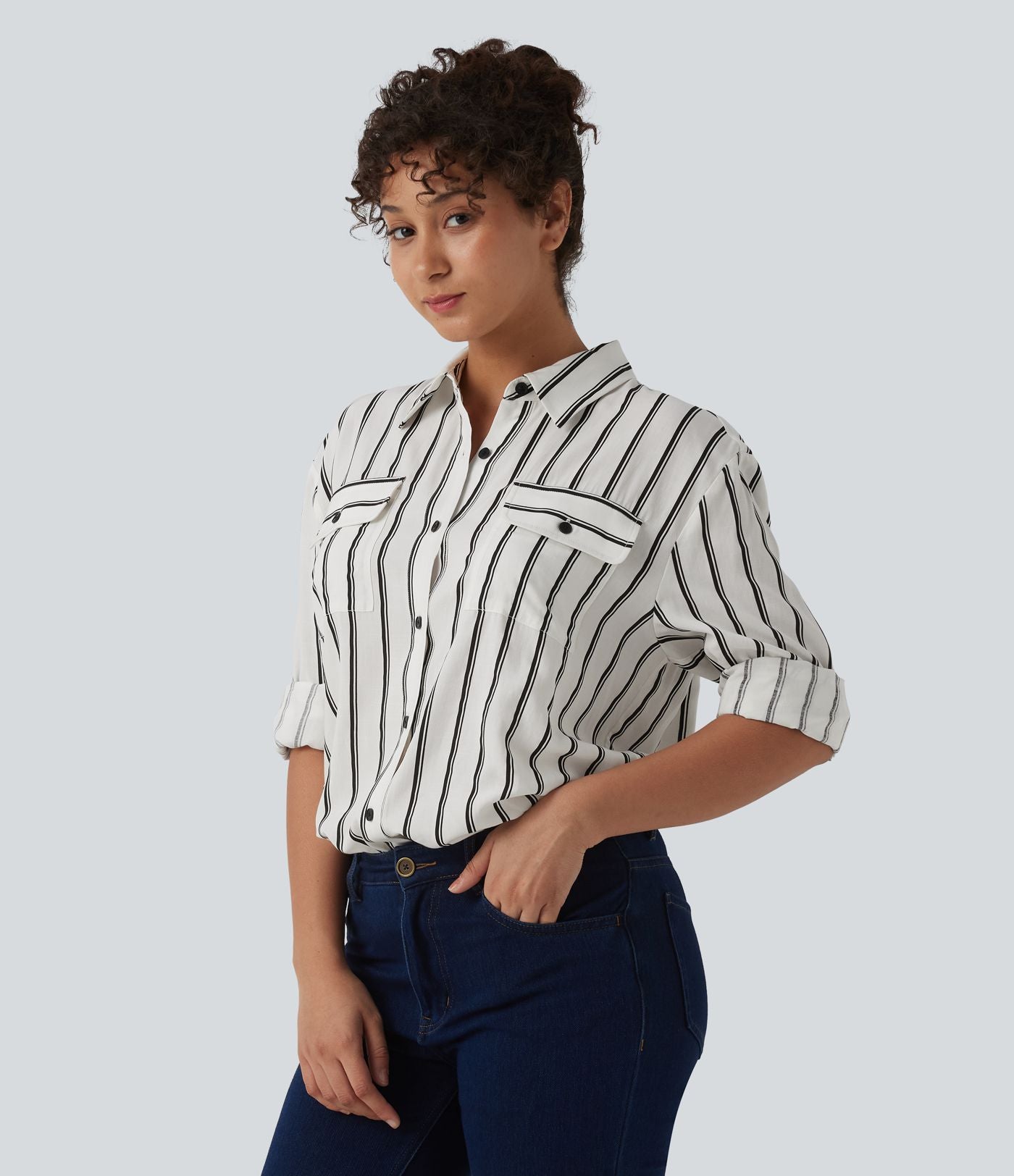 Chemise décontractée à rayures manches longues avec poches