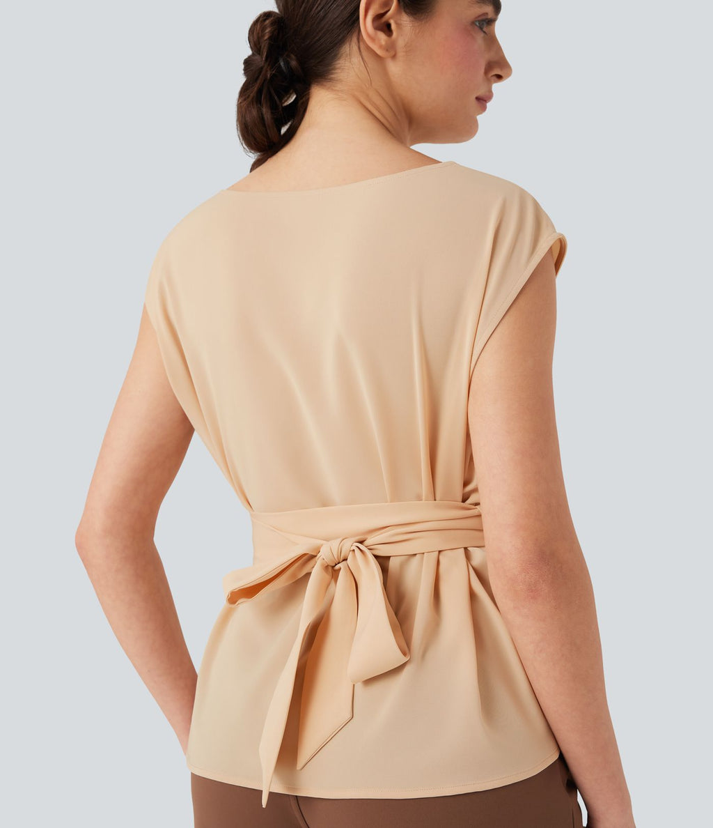 Blouse esprit bureau défroissage facile sans manches, encolure bateau et lien au dos