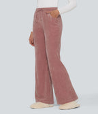Pantalon de détente évasé en velours taille haute avec cordon de serrage et poches