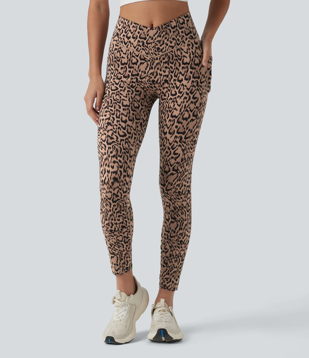 Legging 7/8 de yoga taille haute croisée imprimé léopard avec poches