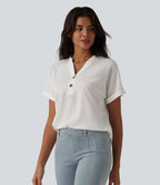 T-shirt casual en tissu gaufré col V à manches chauve-souris et boutons