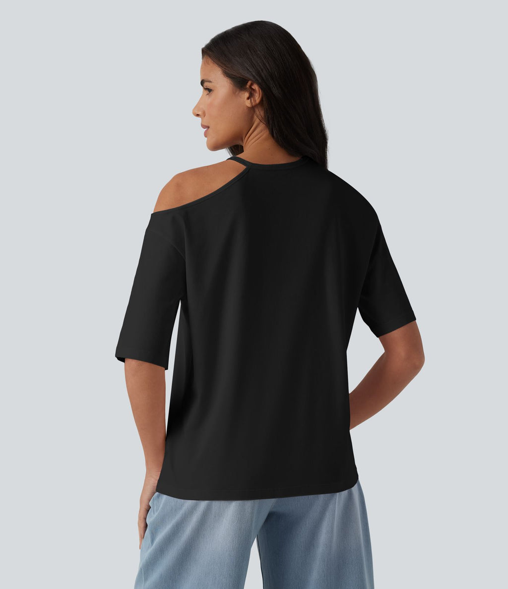 T-shirt décontracté en coton, encolure ronde, découpes et manches mi-longues