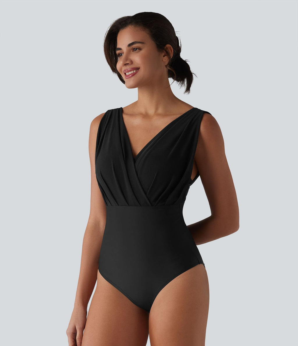 Maillot de bain une pièce col V sans manches ventre plat soutien-gorge intégré