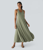 Robe Casual Débardeur Longue Fluide Fendue Dos Nu à Col en U