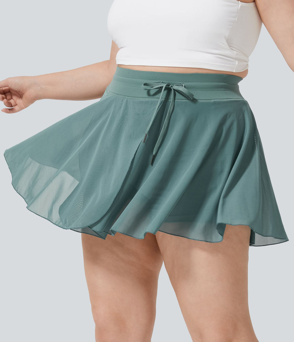 Taille haute Cordon Contraste Maille 2-en-1 Poche Latérale Fluide Mini Flare Décontracté Grande Taille Jupe
