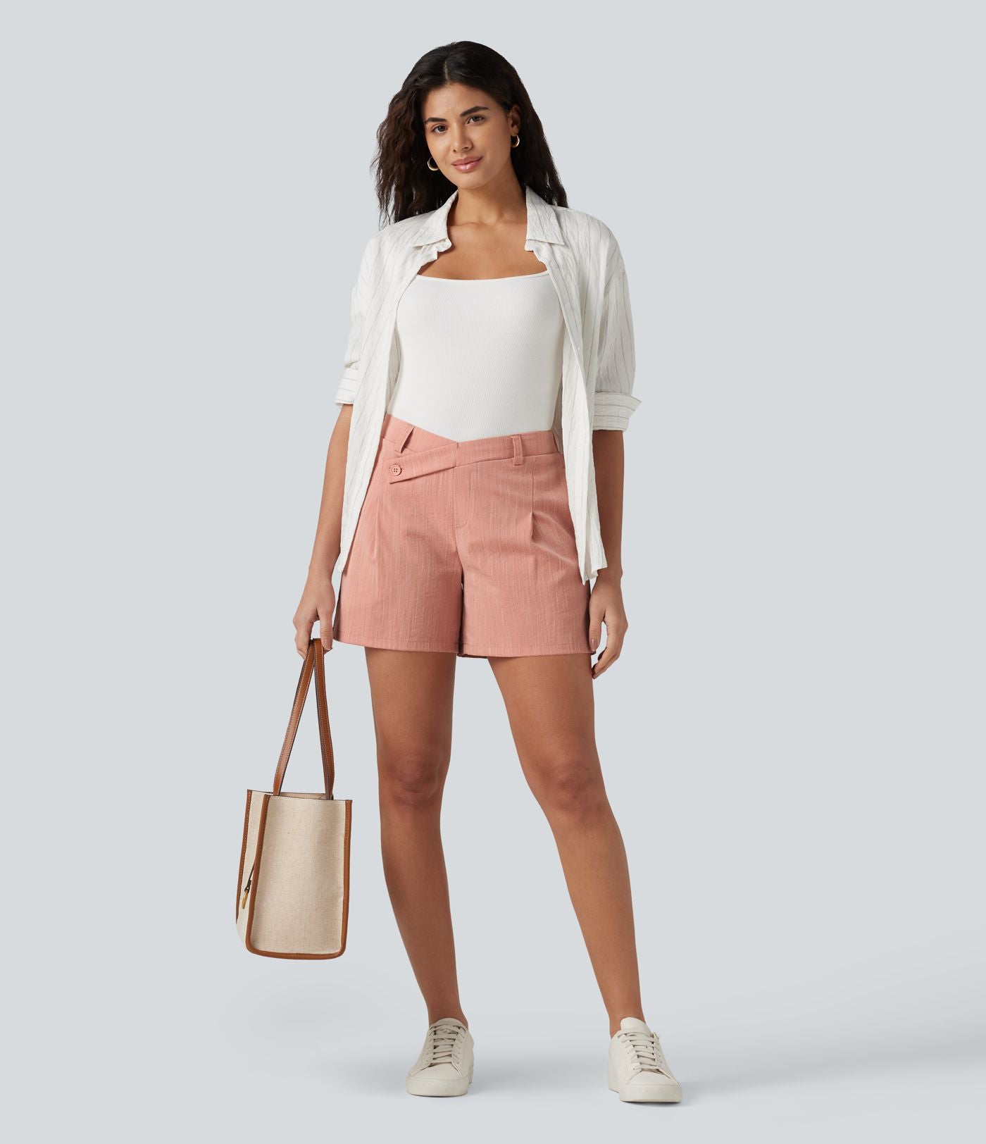 Short tailleur baggy asymétrique taille mi-haute aspect lin 12,5 cm avec poches