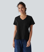 T-shirt casual ample col V manches courtes en coton slub