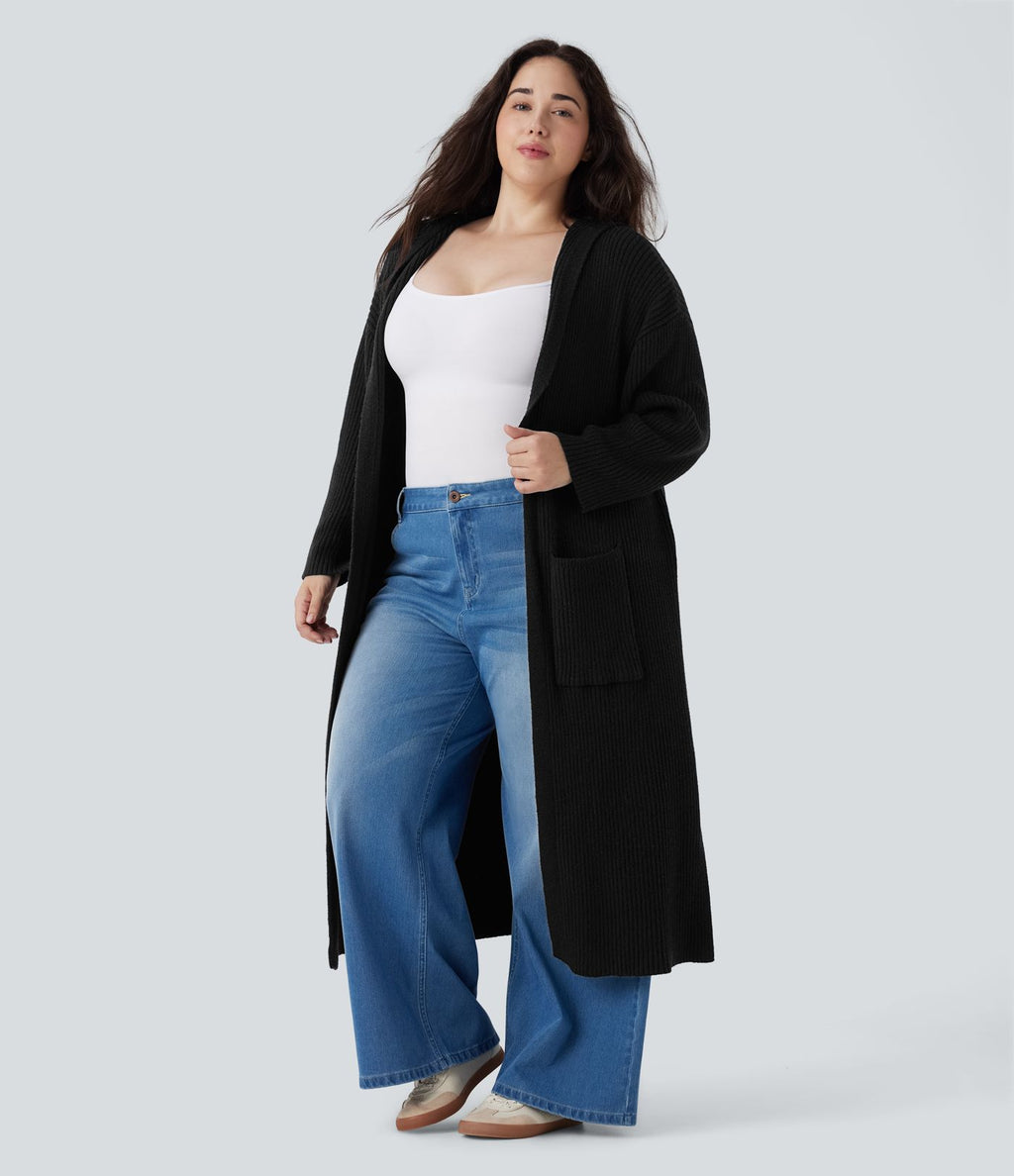 Cardigan long casual à capuche avec poches latérales et fentes grande taille manches longues