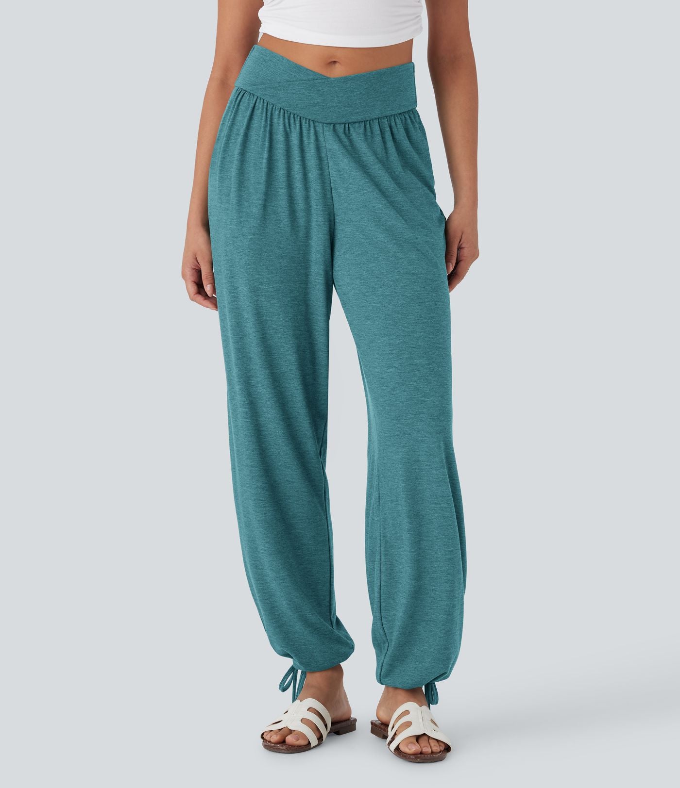 Pantalon de jogging décontracté à taille haute croisée avec poches latérales et cordon de serrage