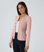 Blazer tailleur ajusté à col rond, manches longues avec boutons décoratifs