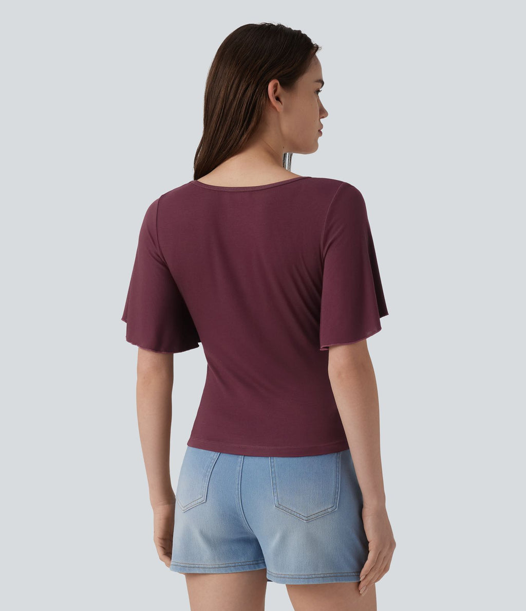 T-shirt décontracté maille côtelée col carré manches papillon froncé