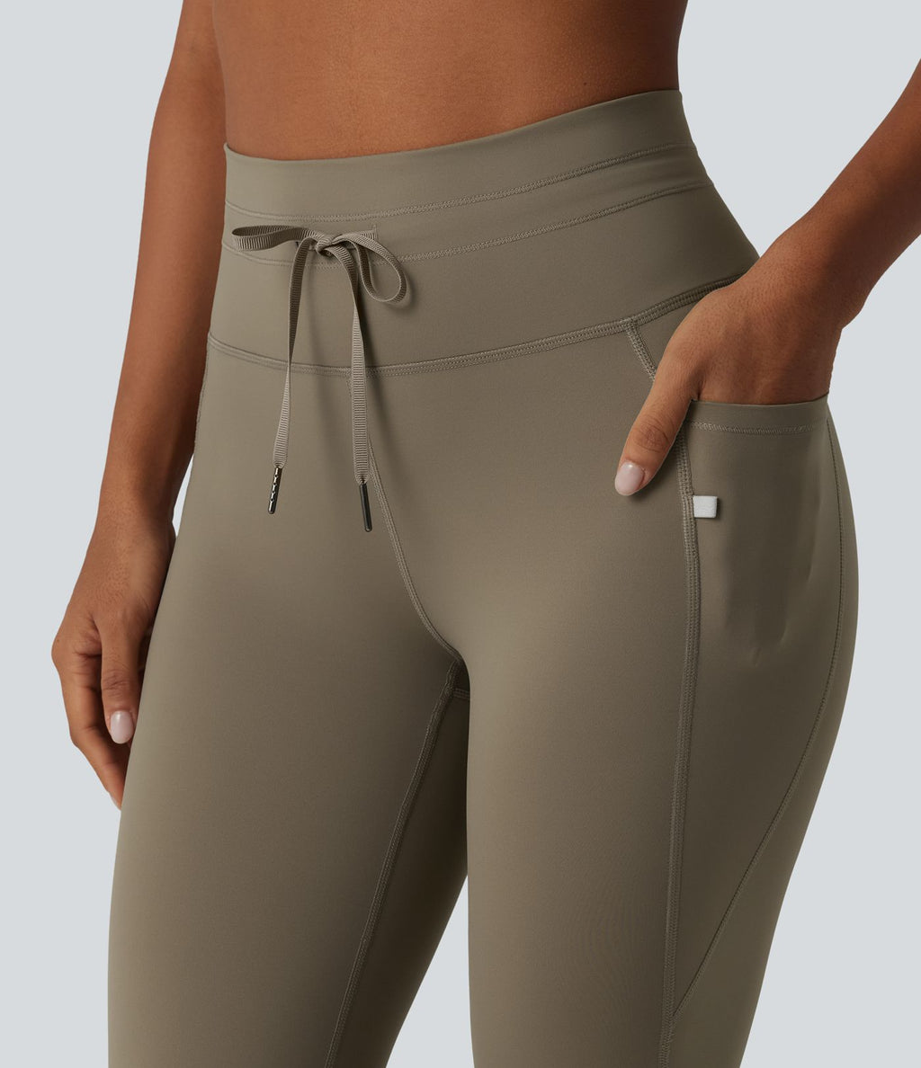 Legging yoga uni corsaire taille haute avec cordon de serrage et poches