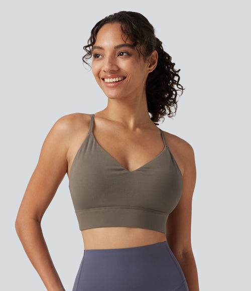 Brassière de yoga côtelée maintien léger à col V avec bretelles croisées et coussinets amovibles