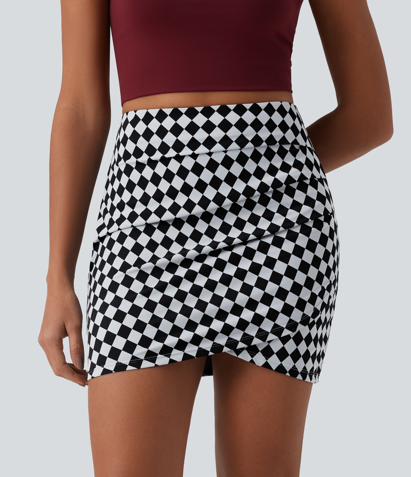 Jupe courte moulante casual 2-en-1 Halara UltraSculpt™ imprimé à carreaux taille haute avec ourlet croisé