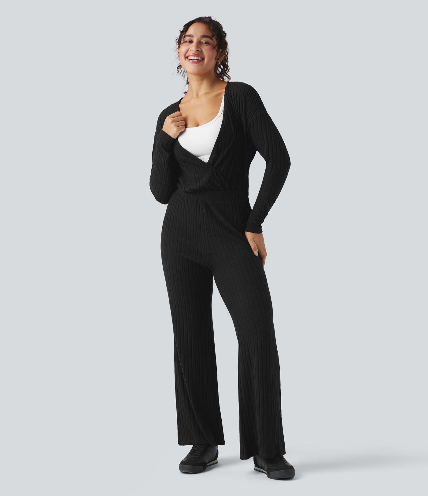Combinaison casual côtelée maille col V manches longues - Easy Peasy