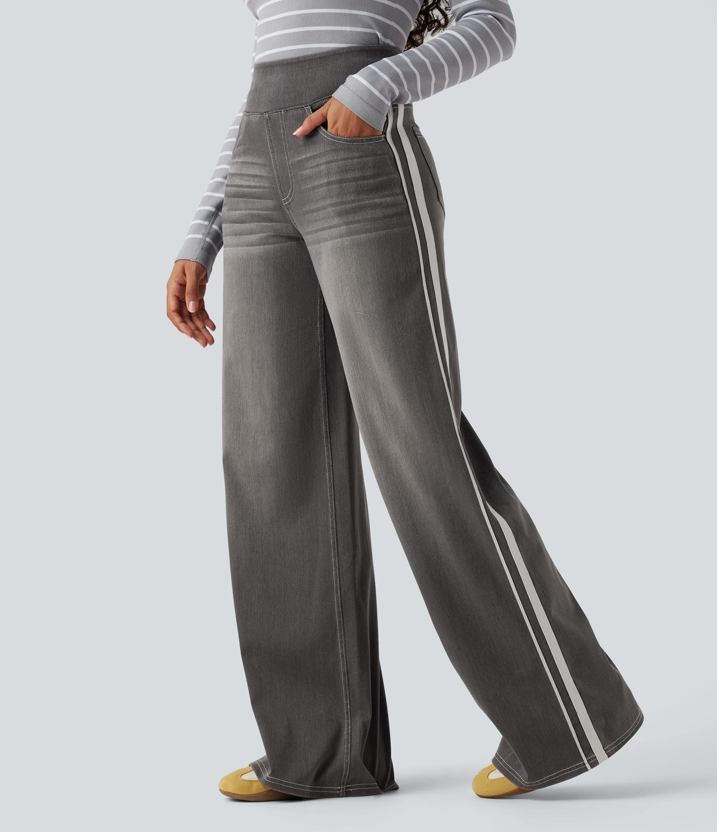 Halara Flex™ Jean large fluide délavé taille haute à rayures avec poches