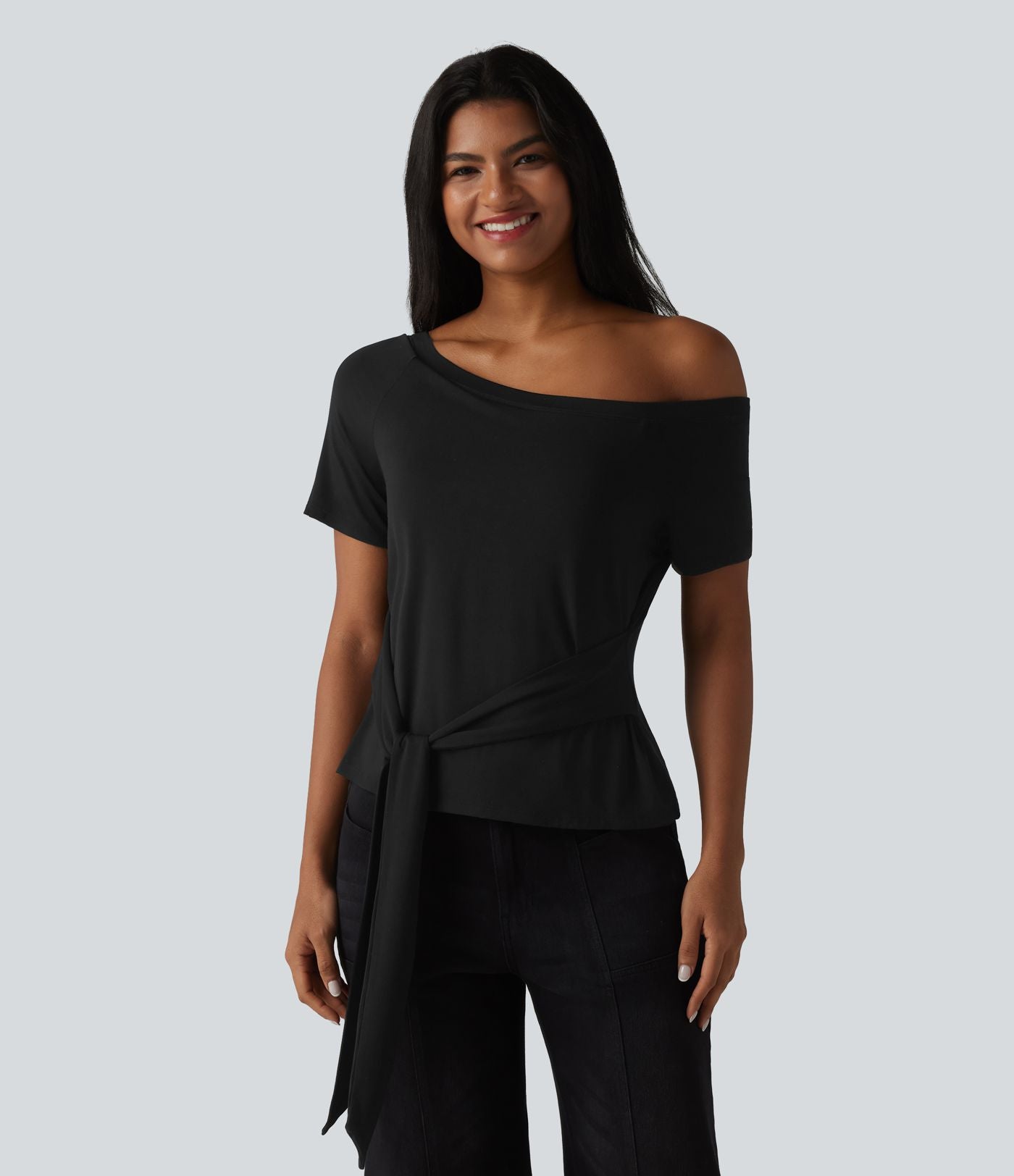 T-shirt décontracté asymétrique manches courtes soutien-gorge intégré nœud devant