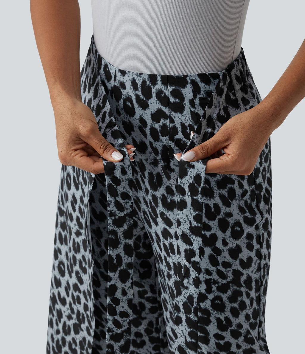 Pantalon tailleur large taille haute imprimé léopard avec liens latéraux