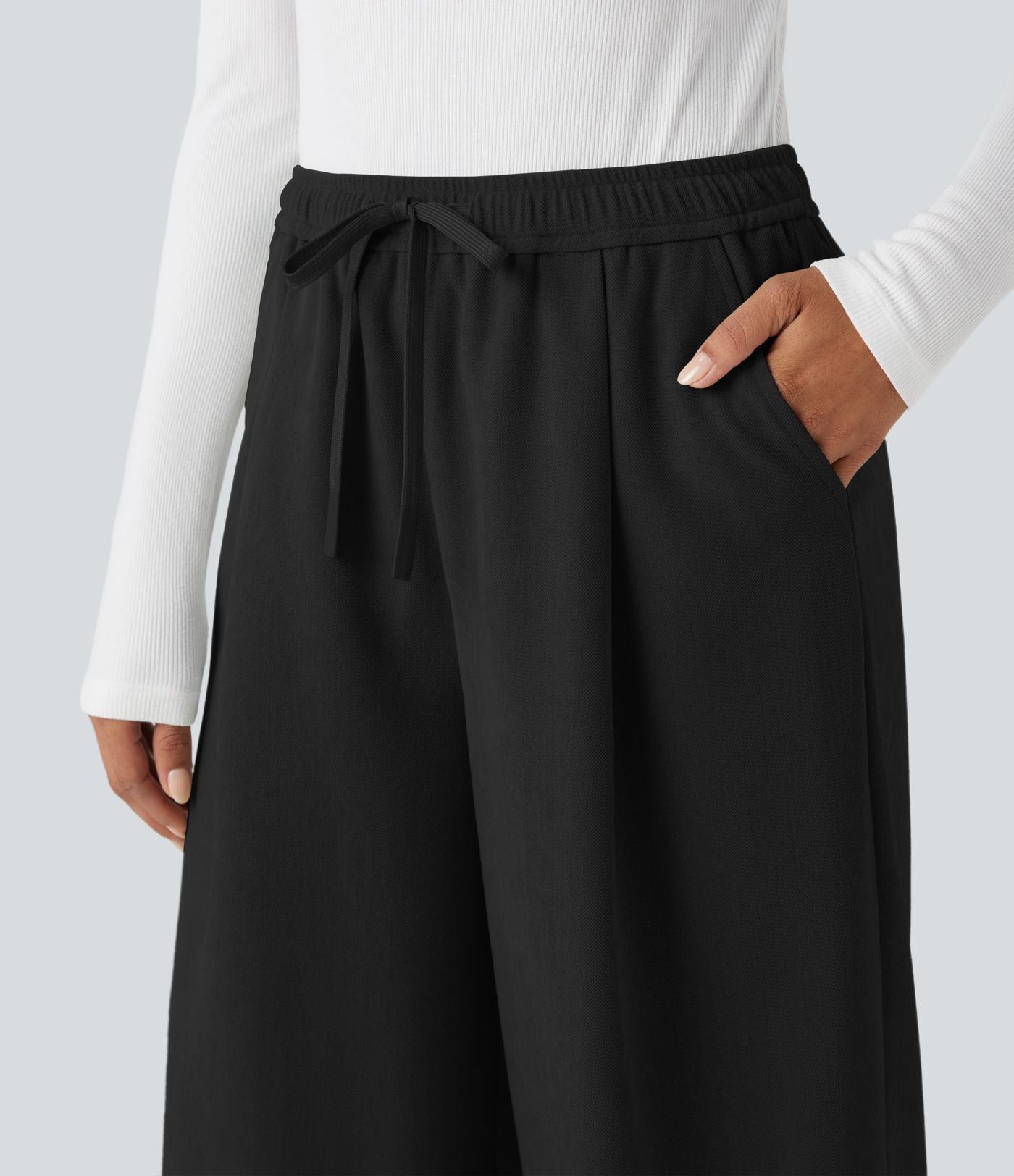 Pantalon large taille haute avec cordon de serrage et poches