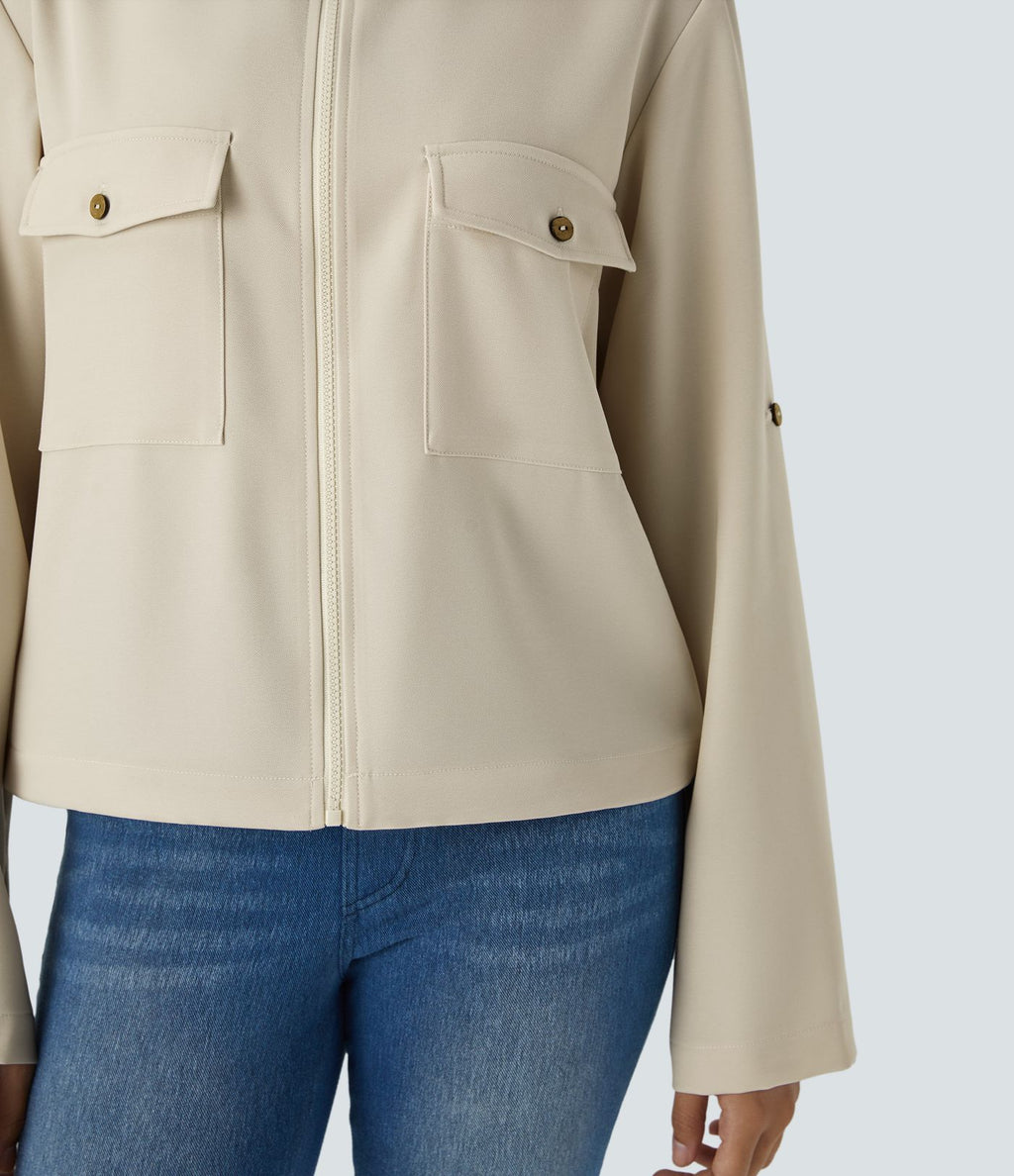 Blouson décontracté à col montant, manches retroussables, poches à rabat, cordon de serrage intérieur et fermeture éclair