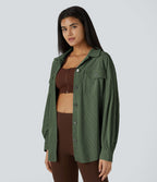Veste Casual en Velours Côtelé à Col Boutonné Poches et Manches Longues Ourlet Courbé