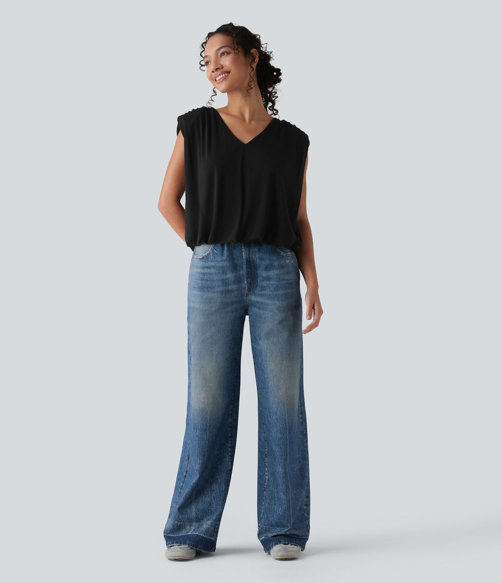 Top casual col V sans manches