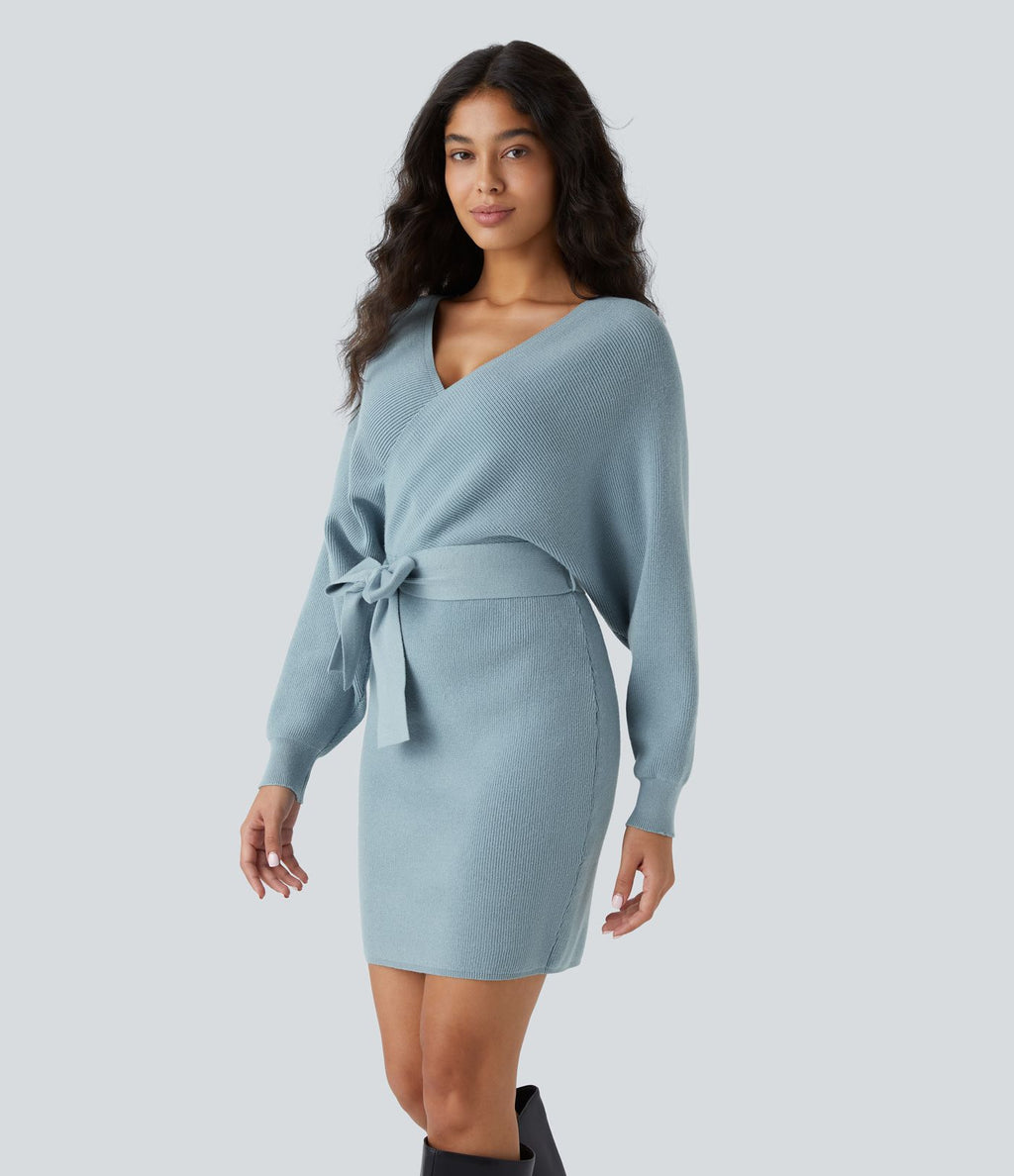 Robe-pull courte décontractée à col V croisé, manches chauve-souris longues et ceinture